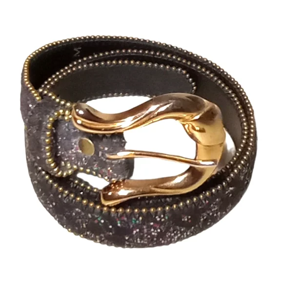 Vintage 80\'s Glitter Black Leather Gold Buckle Women\'s Belt Size 32\